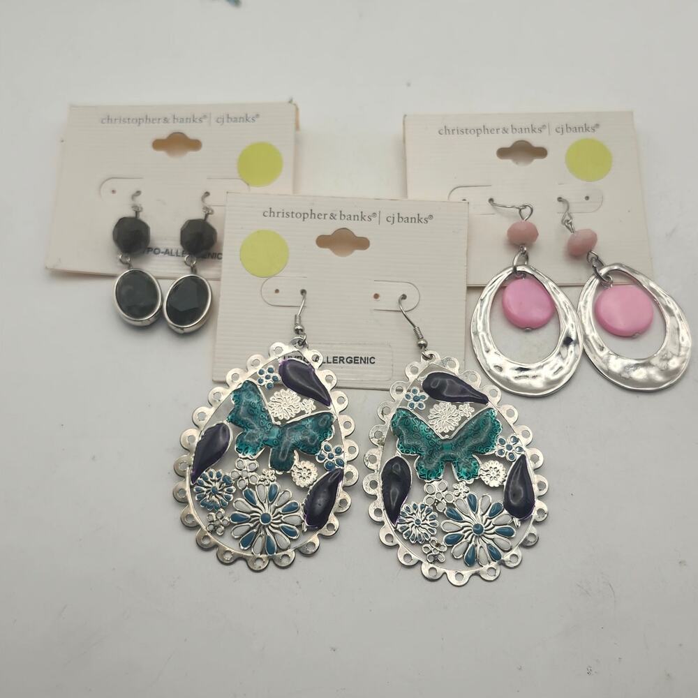 Christopher Banks CJ Pink Green Black Silvertone Earrings Lot Butterfly Dangle